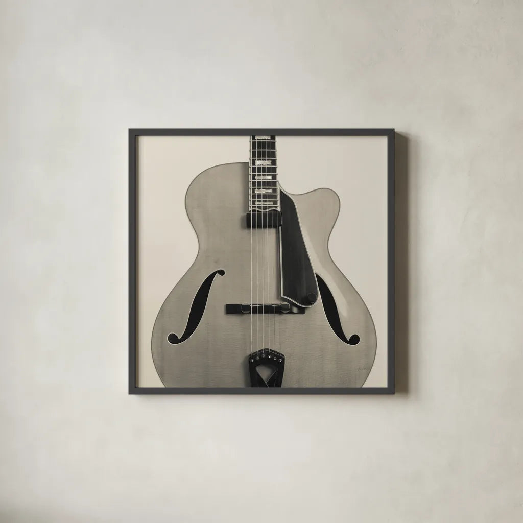 Guitar II by Deborah Revell. Shown in a sleek black glass frame for a contemporary gallery look. Available as an archival giclee rolled canvas, fine art paper, or poster print. SKU 91249a.