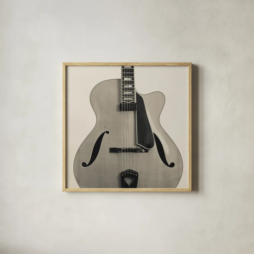 Guitar II by Deborah Revell. Shown in a natural wood glass frame for a timeless modern aesthetic. Available as an archival giclee rolled canvas, fine art paper, or poster print. SKU 91249a.