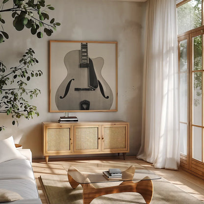 Guitar II by Deborah Revell. Shown in a natural wood frame in a cozy modern living room. Available as an archival giclee rolled canvas, fine art paper, or poster print. SKU 91249a.