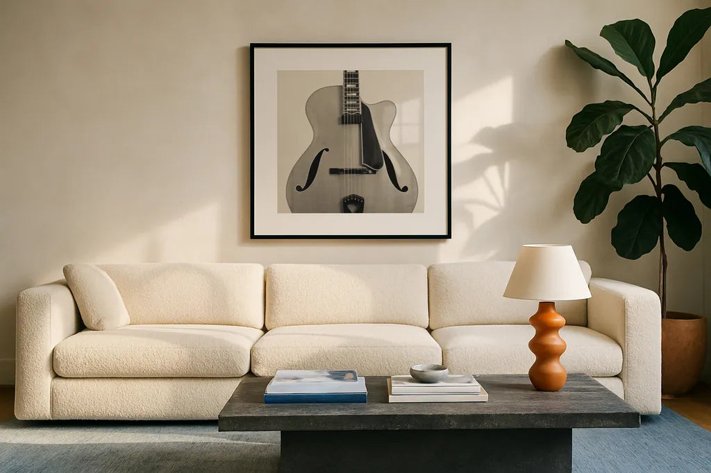 Guitar II by Deborah Revell. Displayed in a glass frame with matte in a clean modern living room. Available as an archival giclee rolled canvas, fine art paper, or poster print. SKU 91249a.