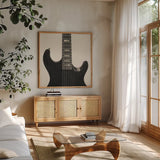 Guitar IV by Deborah Revell. Shown in a natural wood frame in a cozy modern living room. Available as an archival giclee rolled canvas, fine art paper, or poster print. SKU 91251a.