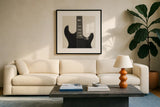 Guitar IV by Deborah Revell. Displayed in a glass frame with matte in a clean modern living room. Available as an archival giclee rolled canvas, fine art paper, or poster print. SKU 91251a.