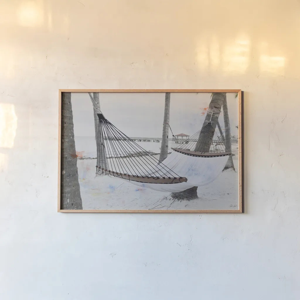 Hammock by Deborah Revell. shown as a paper print in a natural frame. Available as a archival giclee rolled canvas, fine art paper, or poster print. SKU 102081i.