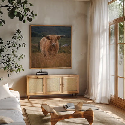Happy Highland by Deborah Revell. Shown in a natural wood frame in a cozy modern living room. Available as an archival giclee rolled canvas, fine art paper, or poster print. SKU 95759a.