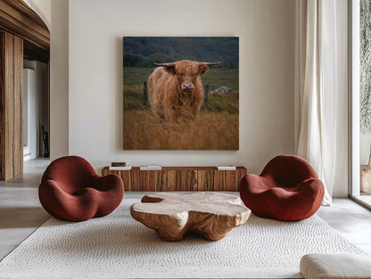 Happy Highland by Deborah Revell. Shown as extra-large giant wall art in a modern living room. Available as an archival giclee rolled canvas, fine art paper, or poster print. SKU 95759a.