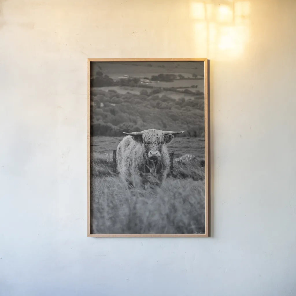 Happy Highland Landscape by Deborah Revell. shown as a paper print in a natural frame. Available as a archival giclee rolled canvas, fine art paper, or poster print. SKU 95761h.