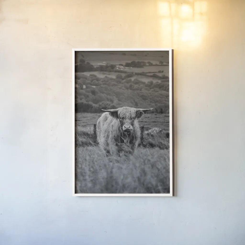 Happy Highland Landscape by Deborah Revell. shown as a paper print in a white frame. Available as a archival giclee rolled canvas, fine art paper, or poster print. SKU 95761h.