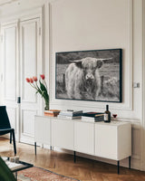 Happy Highland Portrait by Deborah Revell. shown as a framed stretched canvas in a living room above a console. Available as a archival giclee rolled canvas, fine art paper, or poster print. SKU 95760i.