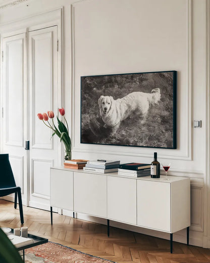 Happy Retriever by Deborah Revell. shown as a framed stretched canvas in a living room above a console. Available as a archival giclee rolled canvas, fine art paper, or poster print. SKU 94359i.