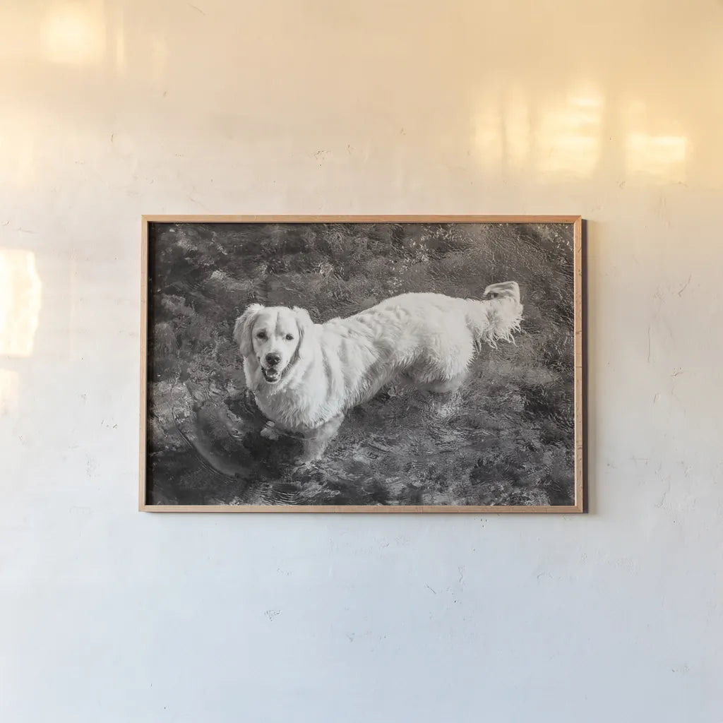 Happy Retriever by Deborah Revell. shown as a paper print in a natural frame. Available as a archival giclee rolled canvas, fine art paper, or poster print. SKU 94359i.