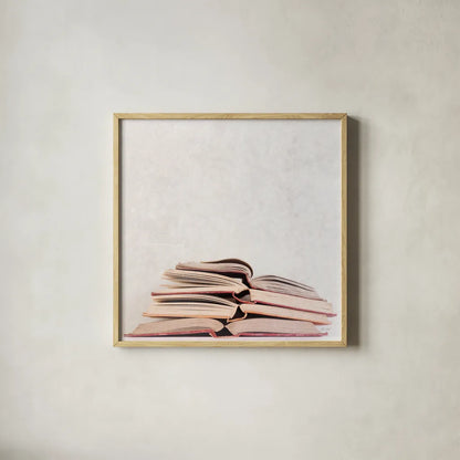 Heaven in Books by Deborah Revell. Shown in a natural wood glass frame for a timeless modern aesthetic. Available as an archival giclee rolled canvas, fine art paper, or poster print. SKU 96926a.