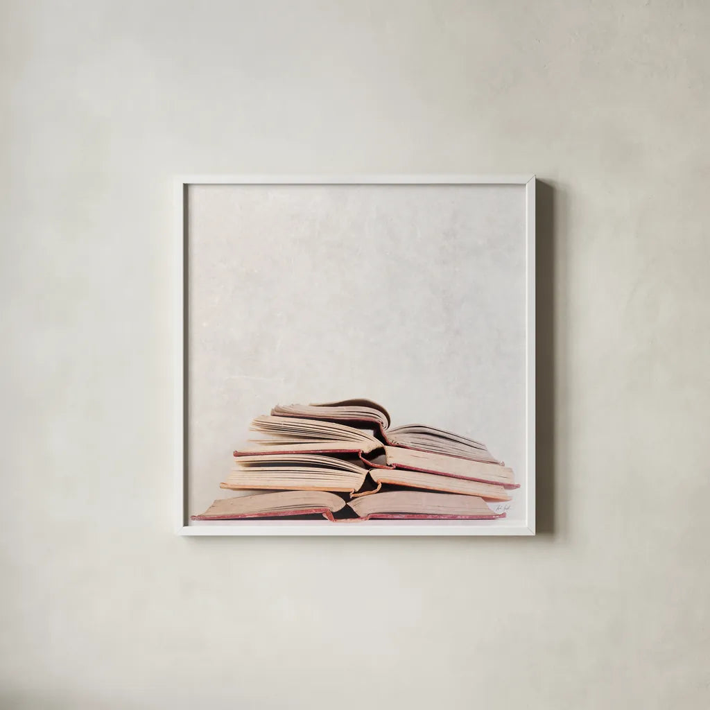 Heaven in Books by Deborah Revell. Shown in a crisp white glass frame for a clean and minimalist style. Available as an archival giclee rolled canvas, fine art paper, or poster print. SKU 96926a.