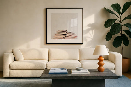 Heaven in Books by Deborah Revell. Displayed in a glass frame with matte in a clean modern living room. Available as an archival giclee rolled canvas, fine art paper, or poster print. SKU 96926a.