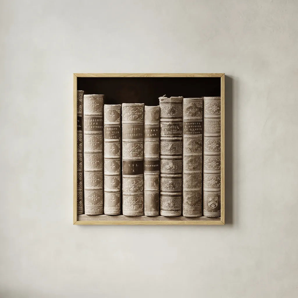 History Books I by Deborah Revell. Shown in a natural wood glass frame for a timeless modern aesthetic. Available as an archival giclee rolled canvas, fine art paper, or poster print. SKU 96916a.