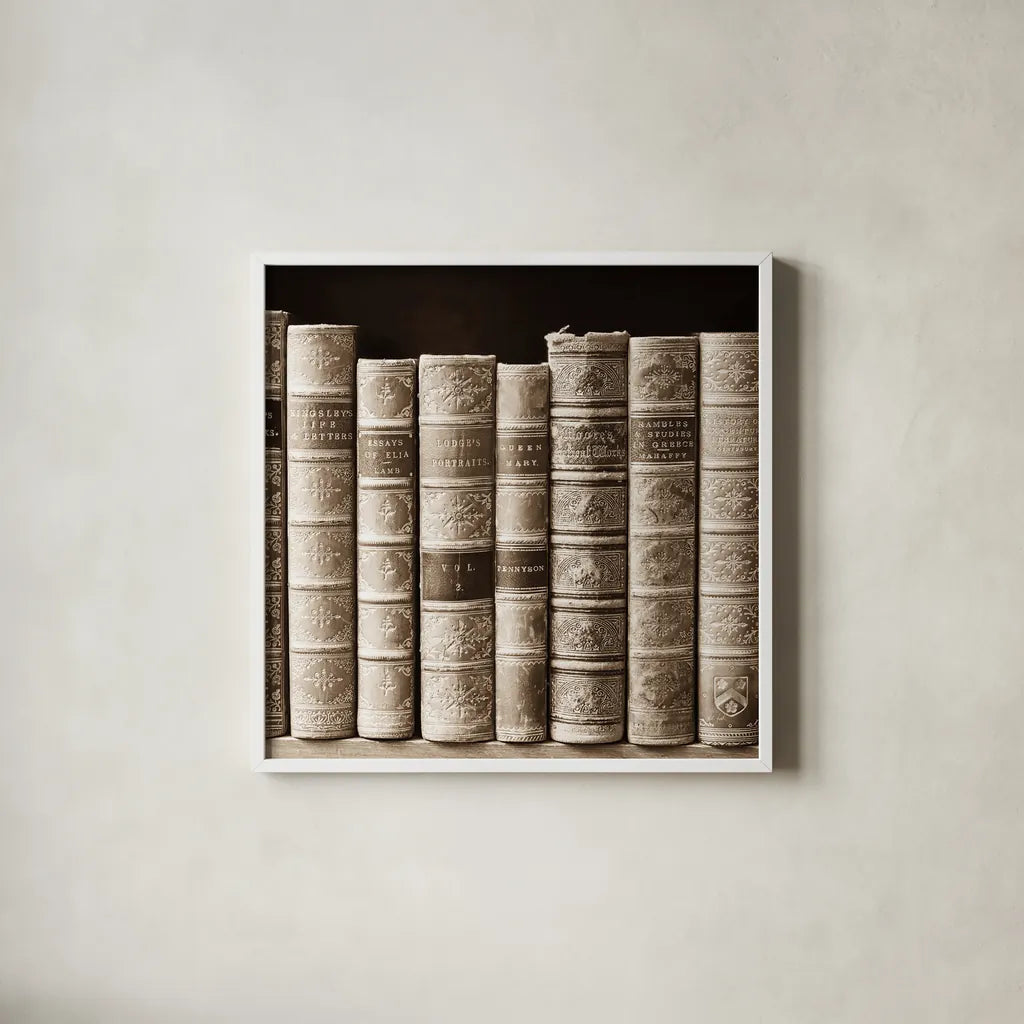 History Books I by Deborah Revell. Shown in a crisp white glass frame for a clean and minimalist style. Available as an archival giclee rolled canvas, fine art paper, or poster print. SKU 96916a.