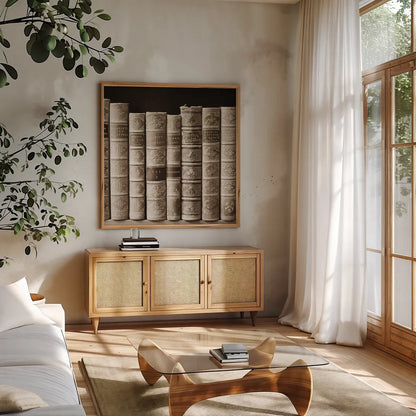 History Books I by Deborah Revell. Shown in a natural wood frame in a cozy modern living room. Available as an archival giclee rolled canvas, fine art paper, or poster print. SKU 96916a.