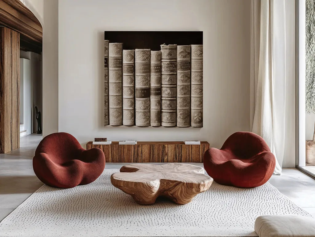 History Books I by Deborah Revell. Shown as extra-large giant wall art in a modern living room. Available as an archival giclee rolled canvas, fine art paper, or poster print. SKU 96916a.
