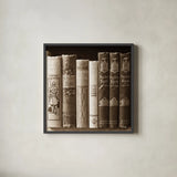 History Books II by Deborah Revell. Shown in a sleek black glass frame for a contemporary gallery look. Available as an archival giclee rolled canvas, fine art paper, or poster print. SKU 96917a.