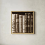 History Books II by Deborah Revell. Shown in a natural wood glass frame for a timeless modern aesthetic. Available as an archival giclee rolled canvas, fine art paper, or poster print. SKU 96917a.