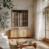 History Books II by Deborah Revell. Shown in a natural wood frame in a cozy modern living room. Available as an archival giclee rolled canvas, fine art paper, or poster print. SKU 96917a.