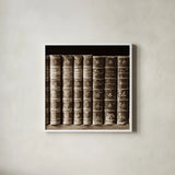 History Books III by Deborah Revell. Shown in a crisp white glass frame for a clean and minimalist style. Available as an archival giclee rolled canvas, fine art paper, or poster print. SKU 96918a.