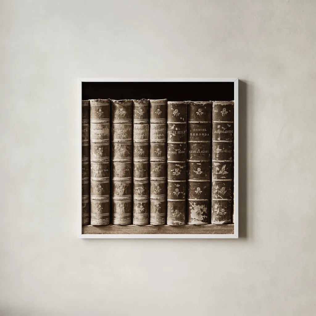 History Books III by Deborah Revell. Shown in a crisp white glass frame for a clean and minimalist style. Available as an archival giclee rolled canvas, fine art paper, or poster print. SKU 96918a.