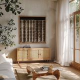 History Books III by Deborah Revell. Shown in a natural wood frame in a cozy modern living room. Available as an archival giclee rolled canvas, fine art paper, or poster print. SKU 96918a.