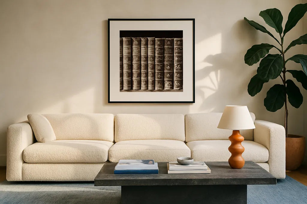 History Books III by Deborah Revell. Displayed in a glass frame with matte in a clean modern living room. Available as an archival giclee rolled canvas, fine art paper, or poster print. SKU 96918a.