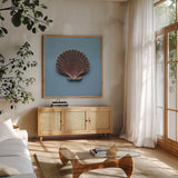 Hope Cove Shells I by Deborah Revell. Shown in a natural wood frame in a cozy modern living room. Available as an archival giclee rolled canvas, fine art paper, or poster print. SKU 96593a.