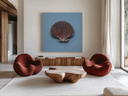 Hope Cove Shells I by Deborah Revell. Shown as extra-large giant wall art in a modern living room. Available as an archival giclee rolled canvas, fine art paper, or poster print. SKU 96593a.