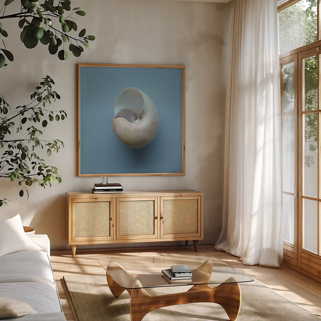 Hope Cove Shells II by Deborah Revell. Shown in a natural wood frame in a cozy modern living room. Available as an archival giclee rolled canvas, fine art paper, or poster print. SKU 96594a.