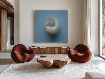 Hope Cove Shells II by Deborah Revell. Shown as extra-large giant wall art in a modern living room. Available as an archival giclee rolled canvas, fine art paper, or poster print. SKU 96594a.