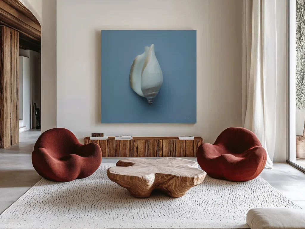 Hope Cove Shells III by Deborah Revell. Shown as extra-large giant wall art in a modern living room. Available as an archival giclee rolled canvas, fine art paper, or poster print. SKU 96595a.