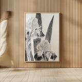 Illustrated Iris I by Deborah Revell. shown as over sized large wall art. Available as an archival giclee rolled canvas, fine art paper, or poster print. SKU 98138h.
