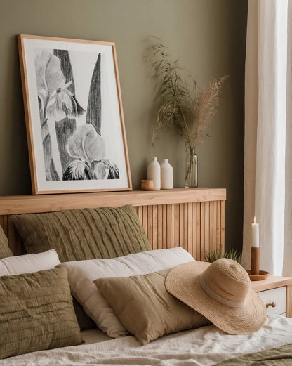 Illustrated Iris I by Deborah Revell. shown as a paper print in a natural frame. Available as a archival giclee rolled canvas, fine art paper, or poster print. SKU 98138h.