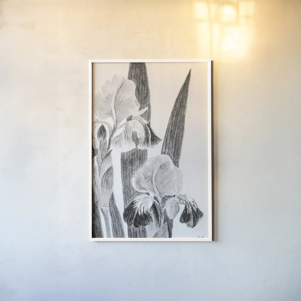 Illustrated Iris I by Deborah Revell. shown as a paper print in a white frame. Available as a archival giclee rolled canvas, fine art paper, or poster print. SKU 98138h.