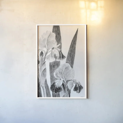 Illustrated Iris I by Deborah Revell. shown as a paper print in a white frame. Available as a archival giclee rolled canvas, fine art paper, or poster print. SKU 98138h.