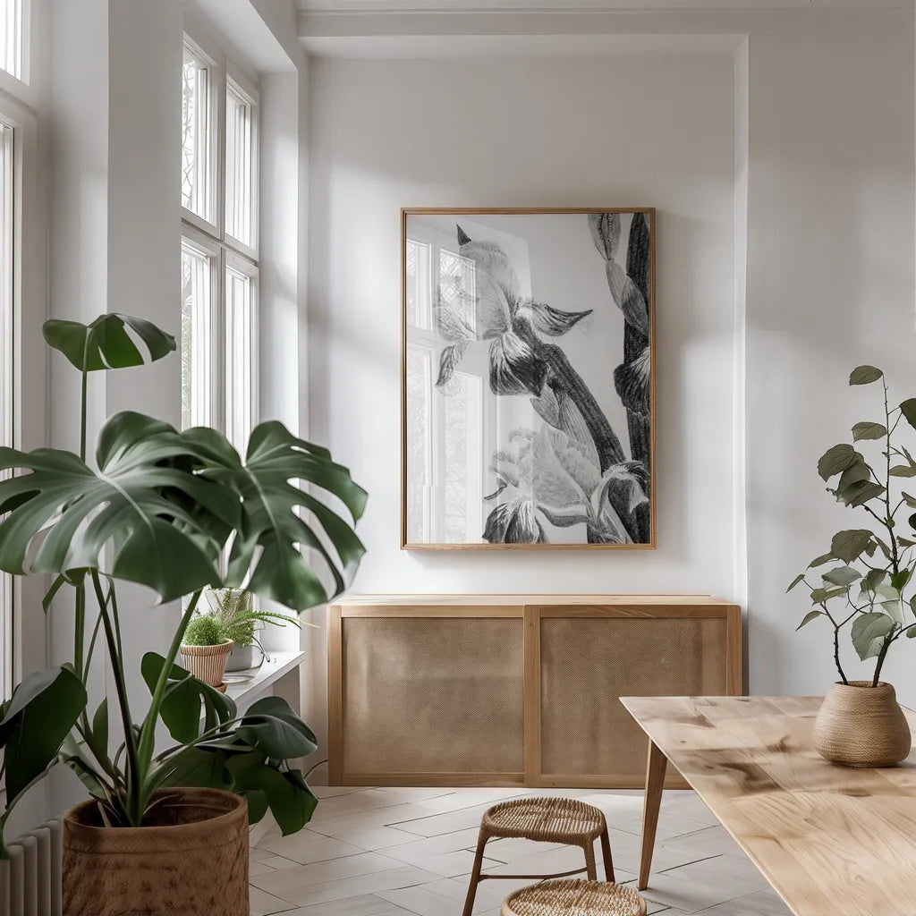 Illustrated Iris II by Deborah Revell. shown as a print in a natural wood frame in a dining room. Available as a archival giclee rolled canvas, fine art paper, or poster print. SKU 98139h.