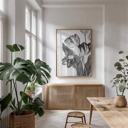 Illustrated Tulip by Deborah Revell. shown as a print in a natural wood frame in a dining room. Available as a archival giclee rolled canvas, fine art paper, or poster print. SKU 96574h.