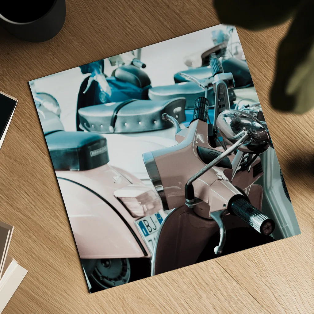 Italian Scooter I by Deborah Revell. Shown as a detailed flat fine art print, highlighting archival giclee quality. Available as an archival giclee rolled canvas, fine art paper, or poster print. SKU 91132a.