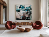 Italian Scooter I by Deborah Revell. Shown as extra-large giant wall art in a modern living room. Available as an archival giclee rolled canvas, fine art paper, or poster print. SKU 91132a.