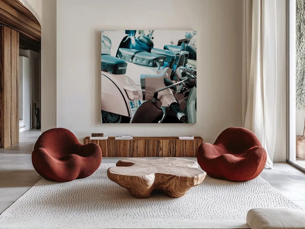 Italian Scooter I by Deborah Revell. Shown as extra-large giant wall art in a modern living room. Available as an archival giclee rolled canvas, fine art paper, or poster print. SKU 91132a.