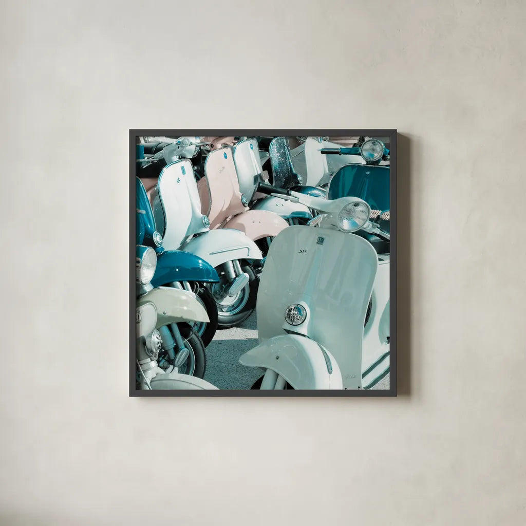 Italian Scooter II by Deborah Revell. Shown in a sleek black glass frame for a contemporary gallery look. Available as an archival giclee rolled canvas, fine art paper, or poster print. SKU 91133a.