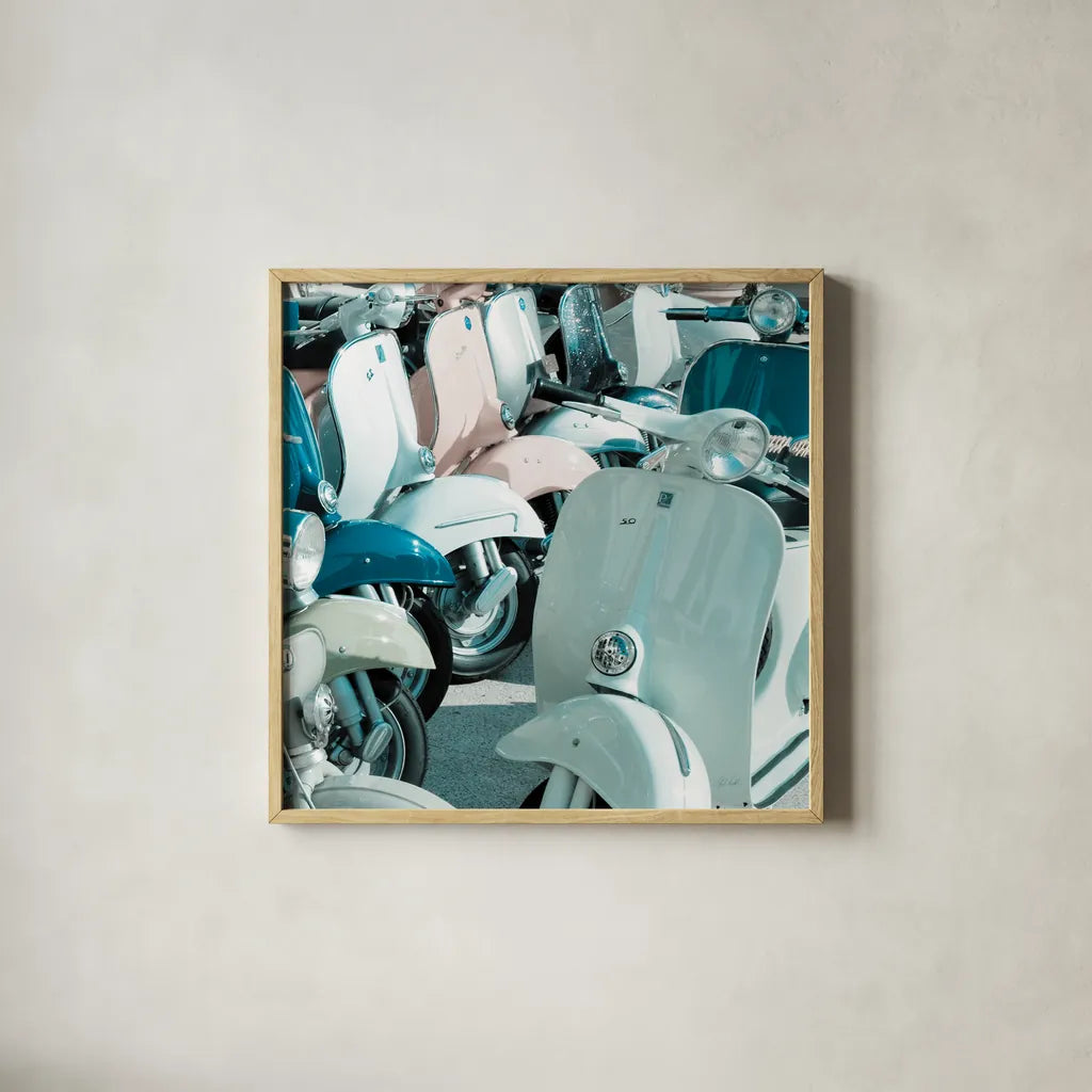 Italian Scooter II by Deborah Revell. Shown in a natural wood glass frame for a timeless modern aesthetic. Available as an archival giclee rolled canvas, fine art paper, or poster print. SKU 91133a.