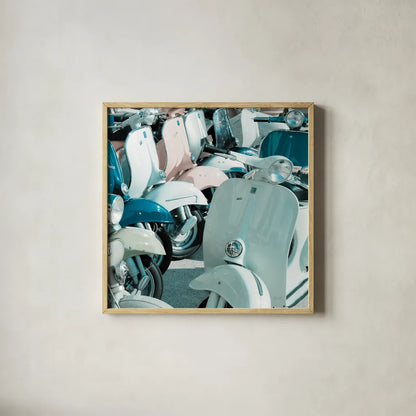 Italian Scooter II by Deborah Revell. Shown in a natural wood glass frame for a timeless modern aesthetic. Available as an archival giclee rolled canvas, fine art paper, or poster print. SKU 91133a.