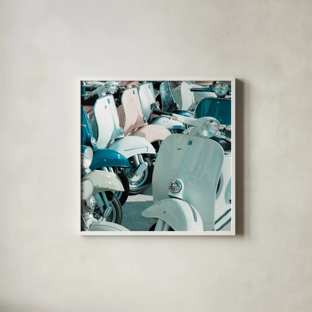 Italian Scooter II by Deborah Revell. Shown in a crisp white glass frame for a clean and minimalist style. Available as an archival giclee rolled canvas, fine art paper, or poster print. SKU 91133a.