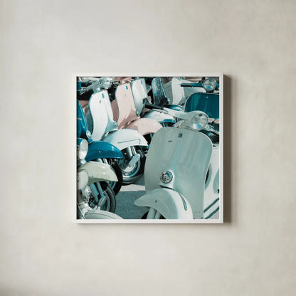 Italian Scooter II by Deborah Revell. Shown in a crisp white glass frame for a clean and minimalist style. Available as an archival giclee rolled canvas, fine art paper, or poster print. SKU 91133a.
