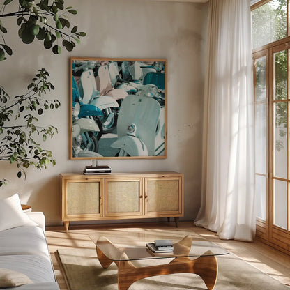 Italian Scooter II by Deborah Revell. Shown in a natural wood frame in a cozy modern living room. Available as an archival giclee rolled canvas, fine art paper, or poster print. SKU 91133a.