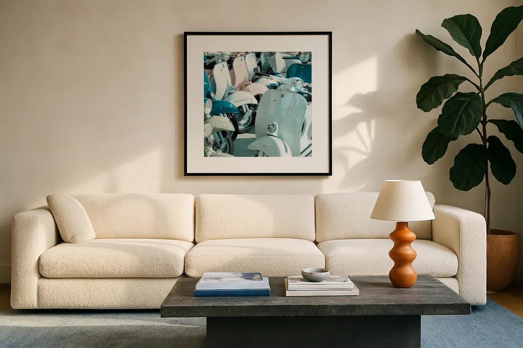 Italian Scooter II by Deborah Revell. Displayed in a glass frame with matte in a clean modern living room. Available as an archival giclee rolled canvas, fine art paper, or poster print. SKU 91133a.