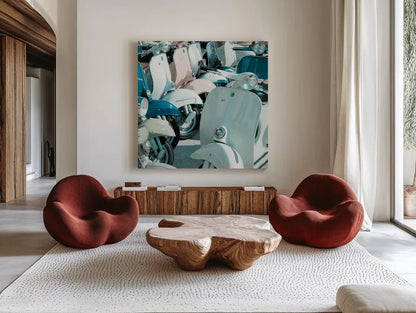 Italian Scooter II by Deborah Revell. Shown as extra-large giant wall art in a modern living room. Available as an archival giclee rolled canvas, fine art paper, or poster print. SKU 91133a.